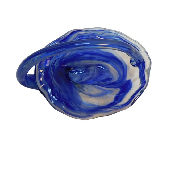 Hand Blown Art Glass Basket Bowl W/Handle Blue 6.5x5x4.5" - Picture 8 of 9